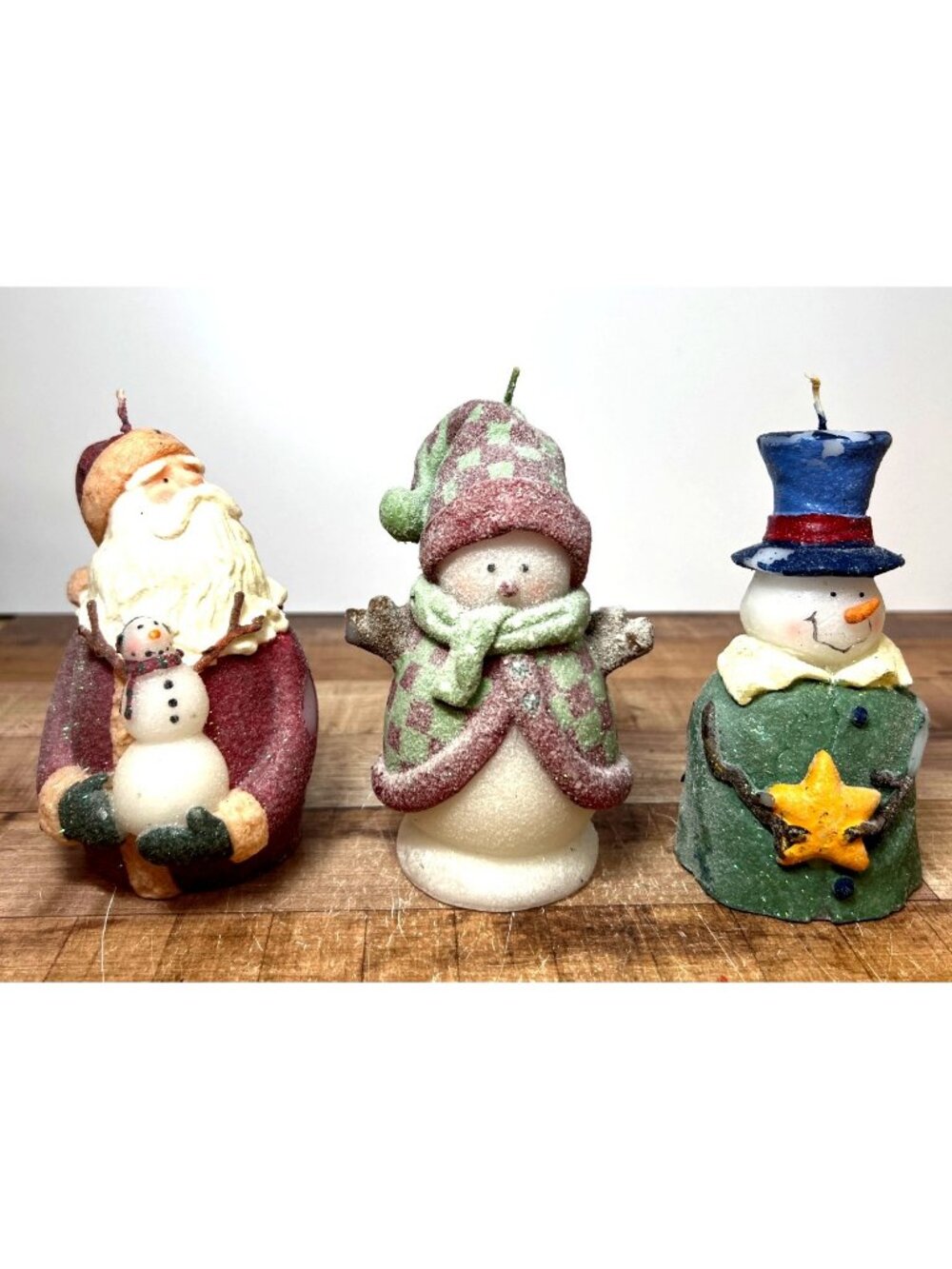 Set Of 3 Glittered Christmas Santa & Snowman Decorative Candles Festive Winter H